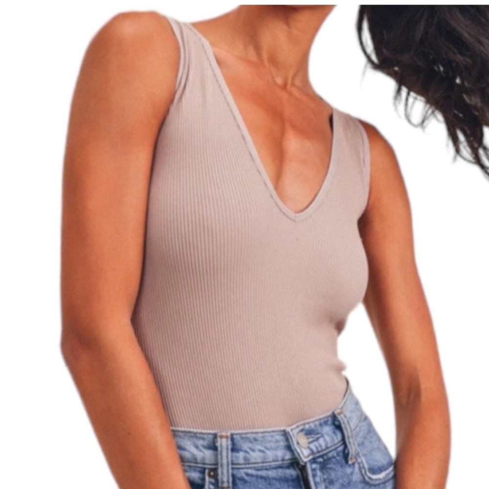 Mono  B Women's Ribbed V-Neck Bodysuit‎ Tank Top Grey Purple Color Size M
